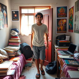 In a slightly messy bedroom in modern-day India, a teenage boy named Nihit Rajput, wearing casual school clothes like a plain t-shirt and shorts, opens the door to leave