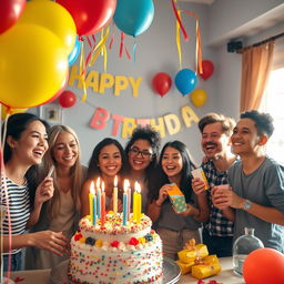 A joyful birthday scene featuring colorful balloons, a beautifully decorated cake with lit candles, and cheerful party decorations