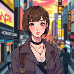 A young woman with short brown hair and bangs, styled in a Homichiper fashion