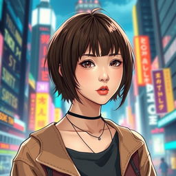 A young woman with short brown hair and bangs, styled in a Homichiper fashion