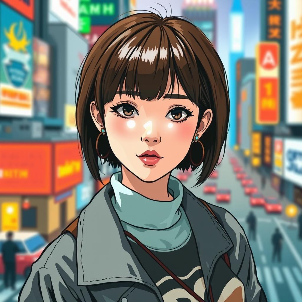A young woman with short brown hair and bangs, styled in a Homichiper fashion