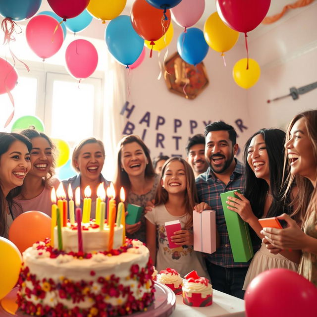 A joyful birthday scene featuring colorful balloons, a beautifully decorated cake with lit candles, and cheerful party decorations