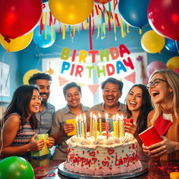 A joyful birthday scene featuring colorful balloons, a beautifully decorated cake with lit candles, and cheerful party decorations