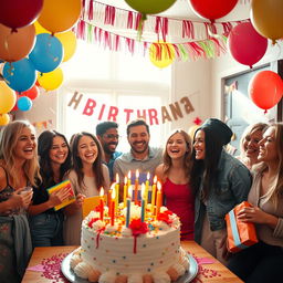 A joyful birthday scene featuring colorful balloons, a beautifully decorated cake with lit candles, and cheerful party decorations