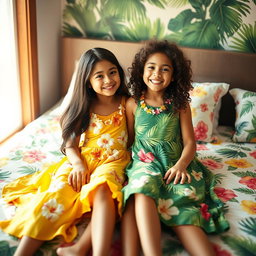Two girls wearing colorful Hawaiian dresses, sitting together on a cozy bed surrounded by tropical decor