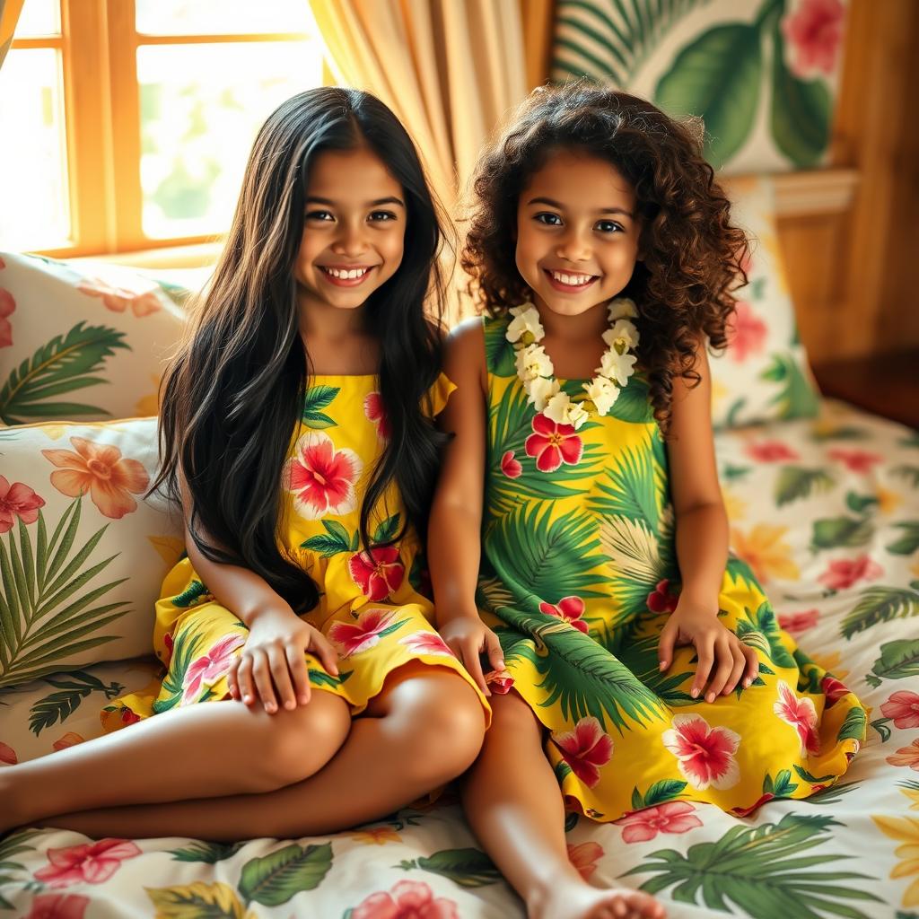 Two girls wearing colorful Hawaiian dresses, sitting together on a cozy bed surrounded by tropical decor