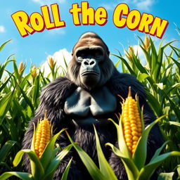A majestic silverback gorilla standing confidently in the middle of a lush cornfield, surrounded by towering green corn stalks under a bright blue sky