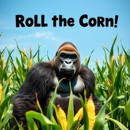A majestic silverback gorilla standing confidently in the middle of a lush cornfield, surrounded by towering green corn stalks under a bright blue sky