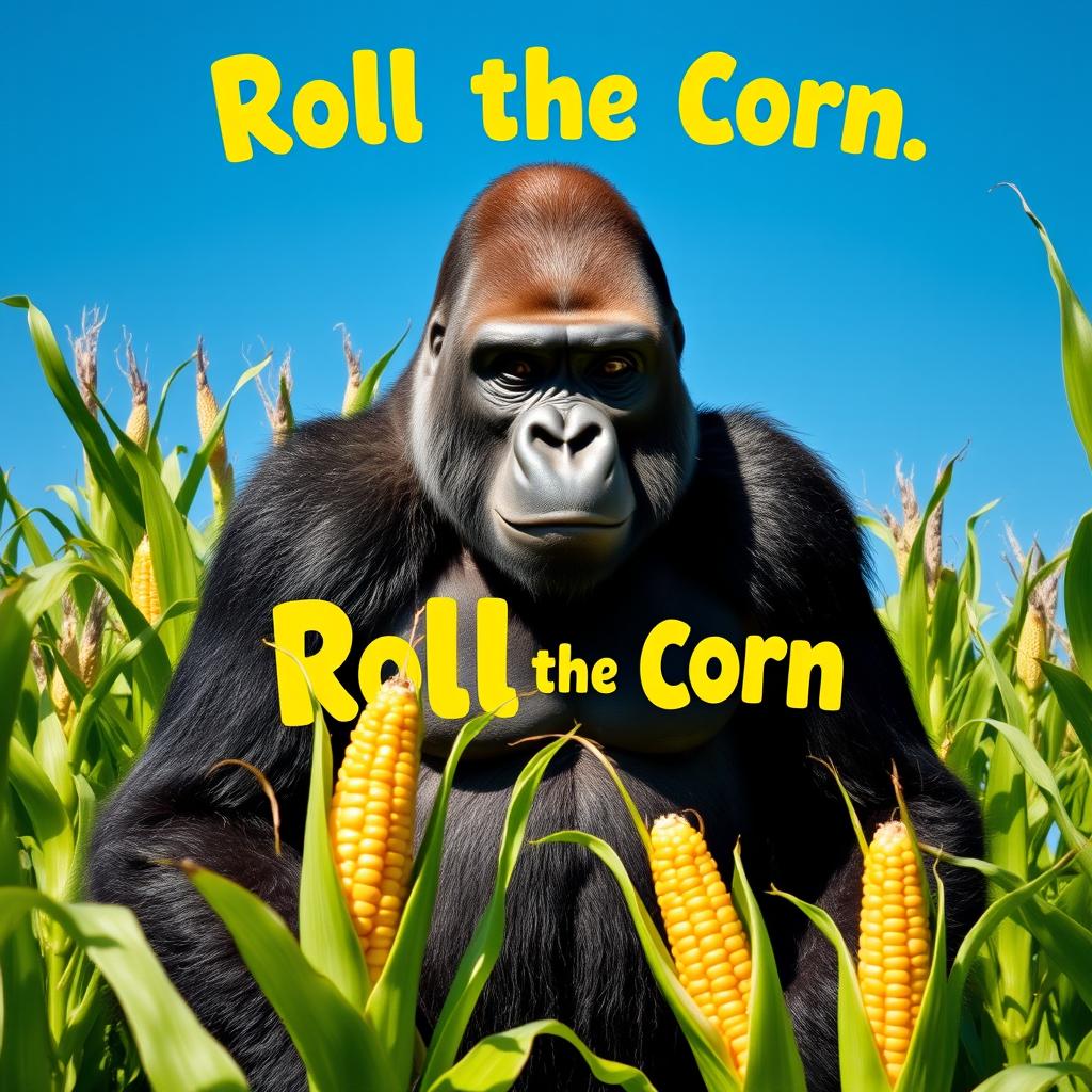 A majestic silverback gorilla standing confidently in the middle of a lush cornfield, surrounded by towering green corn stalks under a bright blue sky