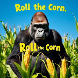 A majestic silverback gorilla standing confidently in the middle of a lush cornfield, surrounded by towering green corn stalks under a bright blue sky