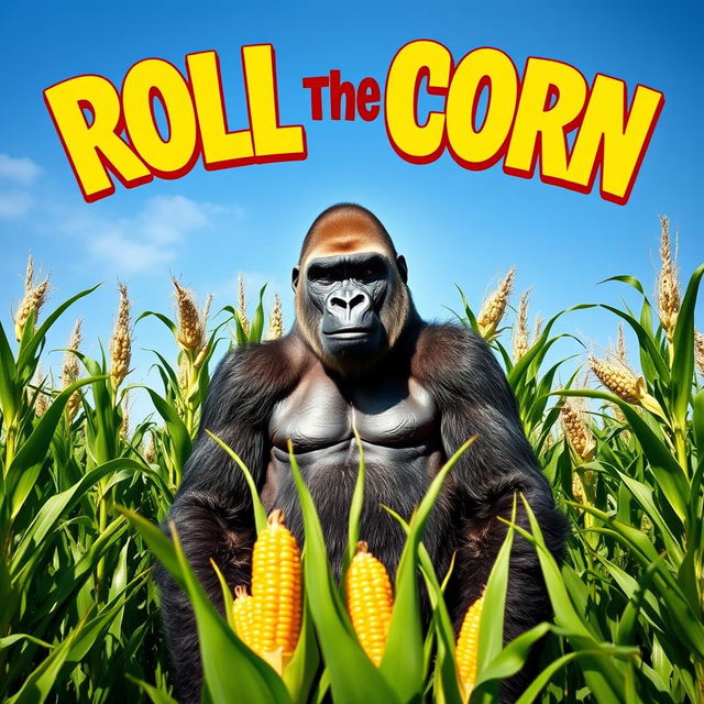 A majestic silverback gorilla standing confidently in the middle of a lush cornfield, surrounded by towering green corn stalks under a bright blue sky