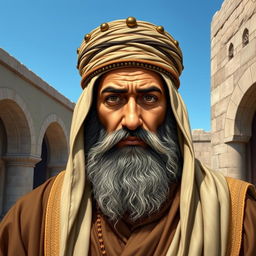 A historically inspired portrait of Oumar ibn al-Khattab, the second caliph of Islam, depicted as a strong, wise leader in traditional Islamic attire