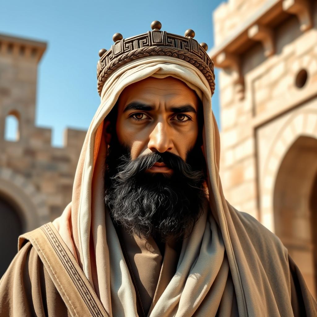 A historically inspired portrait of Oumar ibn al-Khattab, the second caliph of Islam, depicted as a strong, wise leader in traditional Islamic attire