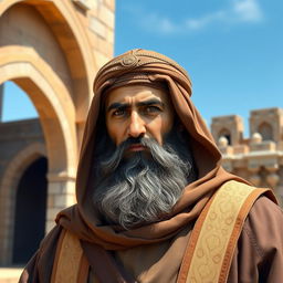 A historically inspired portrait of Oumar ibn al-Khattab, the second caliph of Islam, depicted as a strong, wise leader in traditional Islamic attire