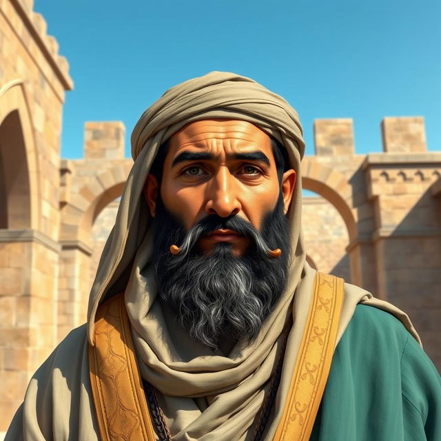 A historically inspired portrait of Oumar ibn al-Khattab, the second caliph of Islam, depicted as a strong, wise leader in traditional Islamic attire