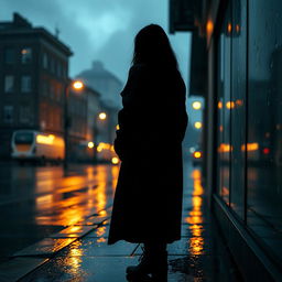 A poignant scene capturing the essence of longing and sadness, featuring a solitary figure standing on a rain-soaked street at twilight