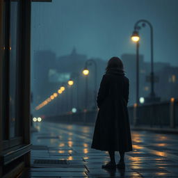 A poignant scene capturing the essence of longing and sadness, featuring a solitary figure standing on a rain-soaked street at twilight