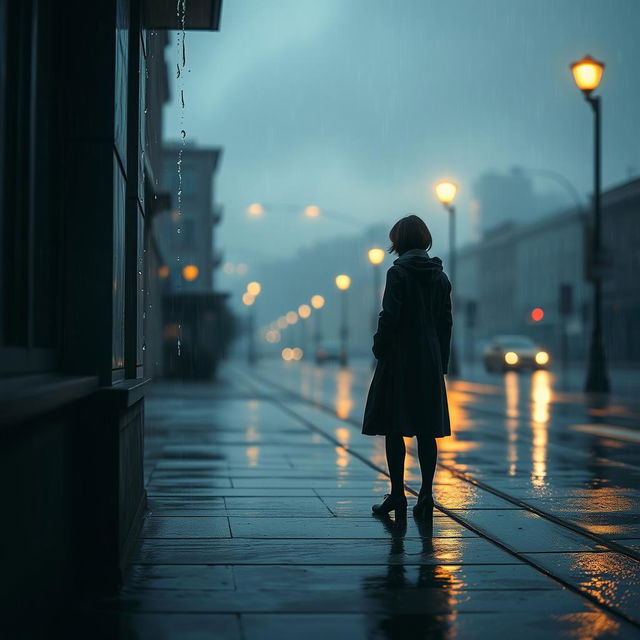 A poignant scene capturing the essence of longing and sadness, featuring a solitary figure standing on a rain-soaked street at twilight