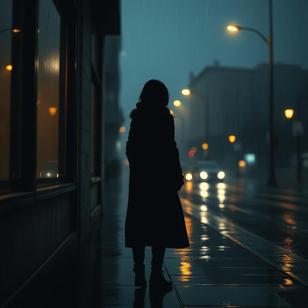 A poignant scene capturing the essence of longing and sadness, featuring a solitary figure standing on a rain-soaked street at twilight