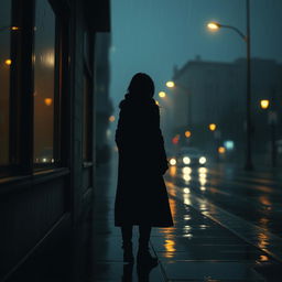 A poignant scene capturing the essence of longing and sadness, featuring a solitary figure standing on a rain-soaked street at twilight