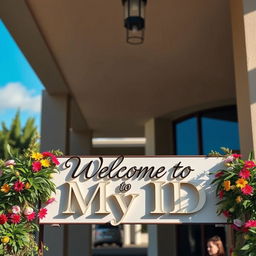 A warm and inviting welcome sign at the entrance of a building, featuring elegant lettering that reads 'Welcome to My ID'