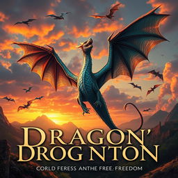 A majestic dragon rising in the center, wings spread wide and scales shimmering in vibrant colors