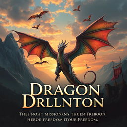 A majestic dragon rising in the center, wings spread wide and scales shimmering in vibrant colors