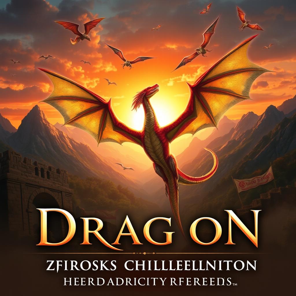 A majestic dragon rising in the center, wings spread wide and scales shimmering in vibrant colors