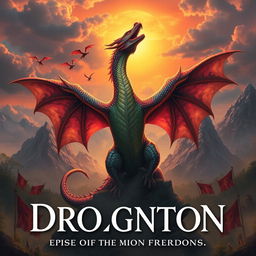 A majestic dragon rising in the center, wings spread wide and scales shimmering in vibrant colors