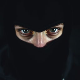 A close-up portrait of a person wearing a black ski mask, focusing on their eyes and facial expression