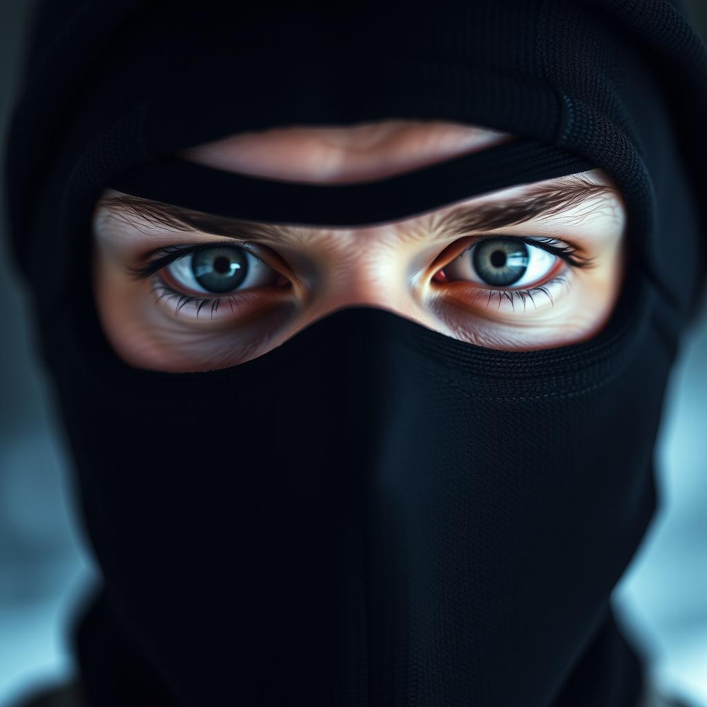 A close-up portrait of a person wearing a black ski mask, focusing on their eyes and facial expression