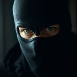 A close-up portrait of a person wearing a black ski mask, focusing on their eyes and facial expression