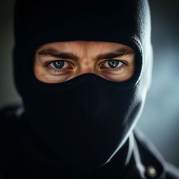 A close-up portrait of a person wearing a black ski mask, focusing on their eyes and facial expression