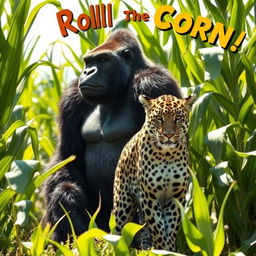 A powerful silverback gorilla and a sleek jaguar standing side by side in a vibrant cornfield, with towering green corn stalks surrounding them