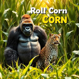 A powerful silverback gorilla and a sleek jaguar standing side by side in a vibrant cornfield, with towering green corn stalks surrounding them