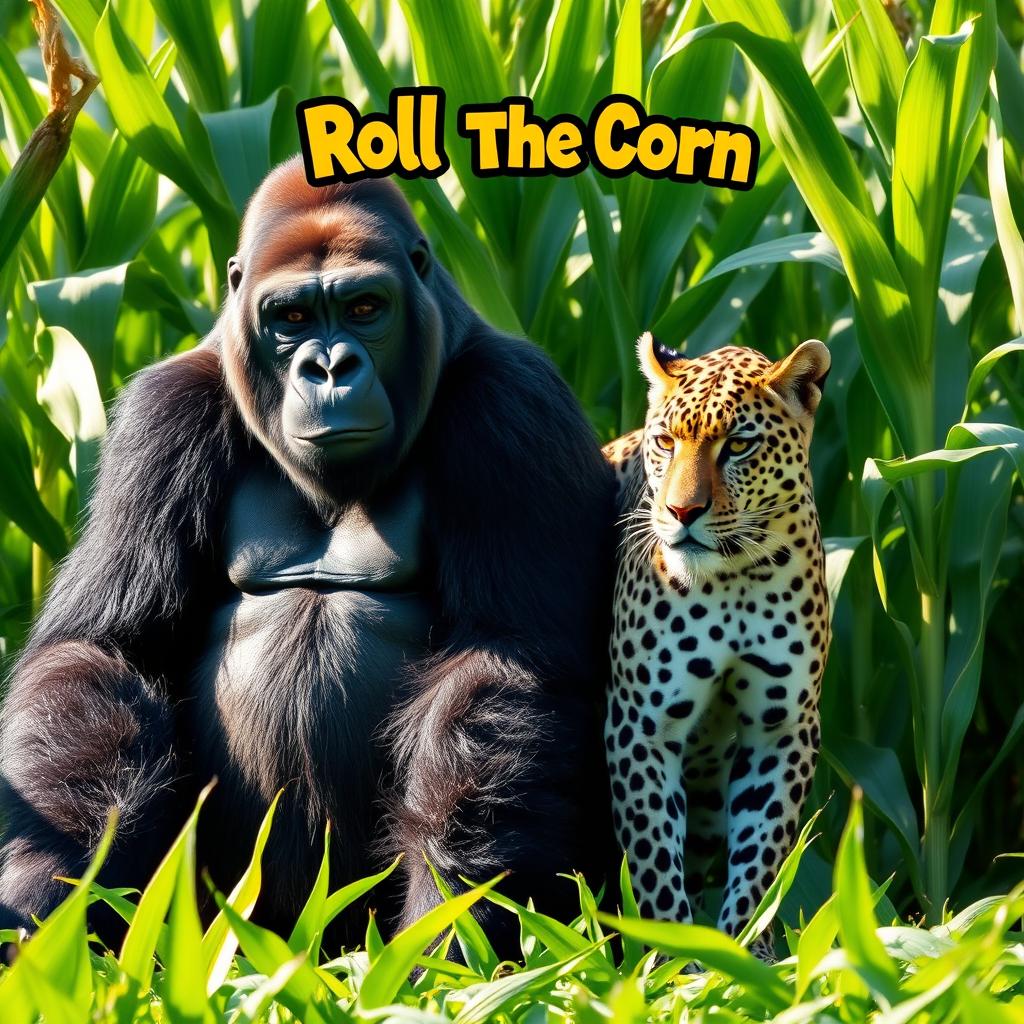 A powerful silverback gorilla and a sleek jaguar standing side by side in a vibrant cornfield, with towering green corn stalks surrounding them