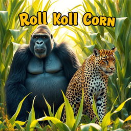 A powerful silverback gorilla and a sleek jaguar standing side by side in a vibrant cornfield, with towering green corn stalks surrounding them