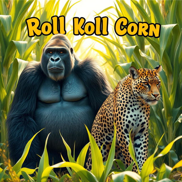 A powerful silverback gorilla and a sleek jaguar standing side by side in a vibrant cornfield, with towering green corn stalks surrounding them