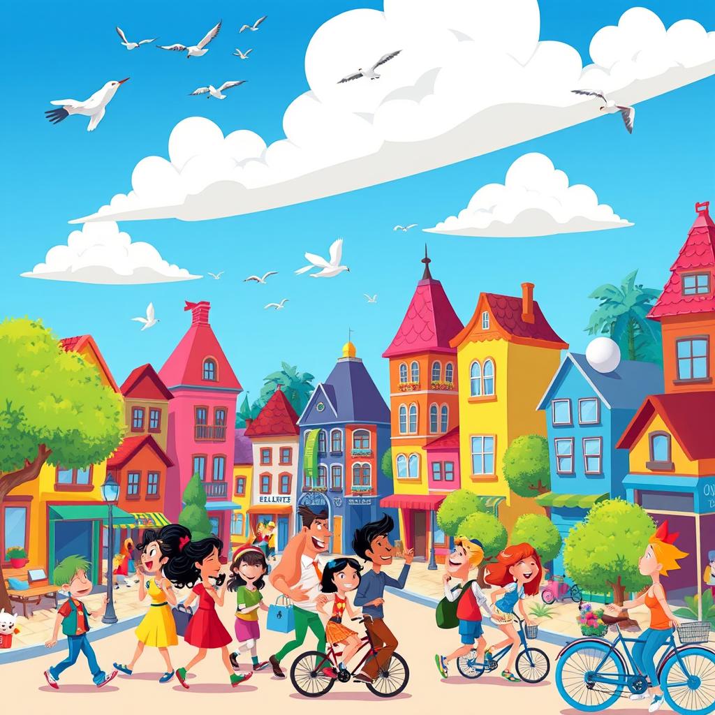 A colorful animated cartoon scene featuring a bustling city with whimsical buildings, diverse characters walking around, and vibrant trees