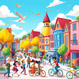 A colorful animated cartoon scene featuring a bustling city with whimsical buildings, diverse characters walking around, and vibrant trees