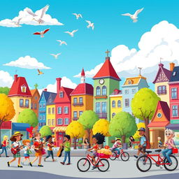 A colorful animated cartoon scene featuring a bustling city with whimsical buildings, diverse characters walking around, and vibrant trees