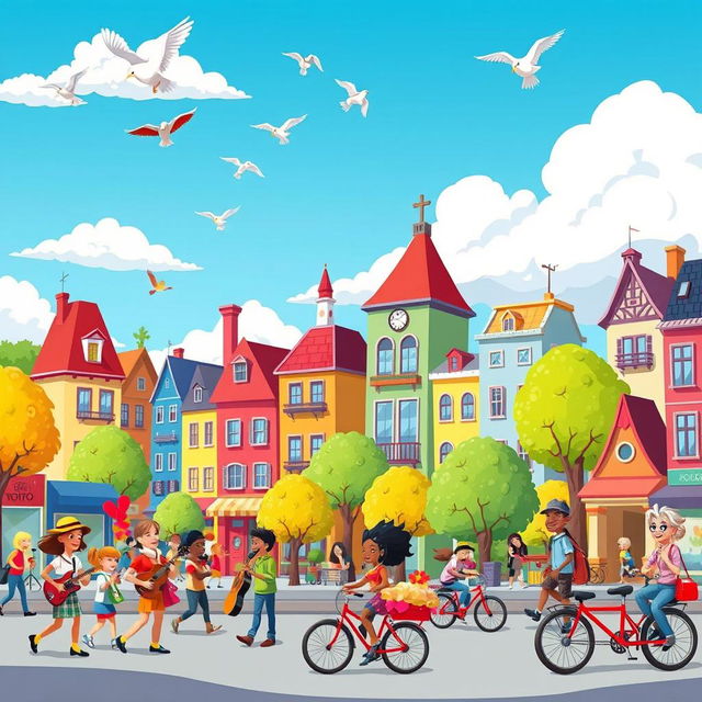 A colorful animated cartoon scene featuring a bustling city with whimsical buildings, diverse characters walking around, and vibrant trees