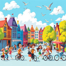 A colorful animated cartoon scene featuring a bustling city with whimsical buildings, diverse characters walking around, and vibrant trees