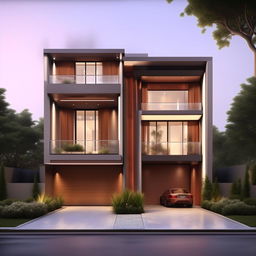 Create an image of a stunning, modern three-story building on a 40ft x 30ft plot. Incorporate a spacious garage on the right side, enhancing the overall architectural elegance.