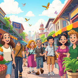 A vibrant and colorful cartoon animation, depicting a lively city scene with animated characters walking through a bustling marketplace