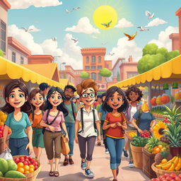 A vibrant and colorful cartoon animation, depicting a lively city scene with animated characters walking through a bustling marketplace