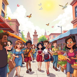A vibrant and colorful cartoon animation, depicting a lively city scene with animated characters walking through a bustling marketplace