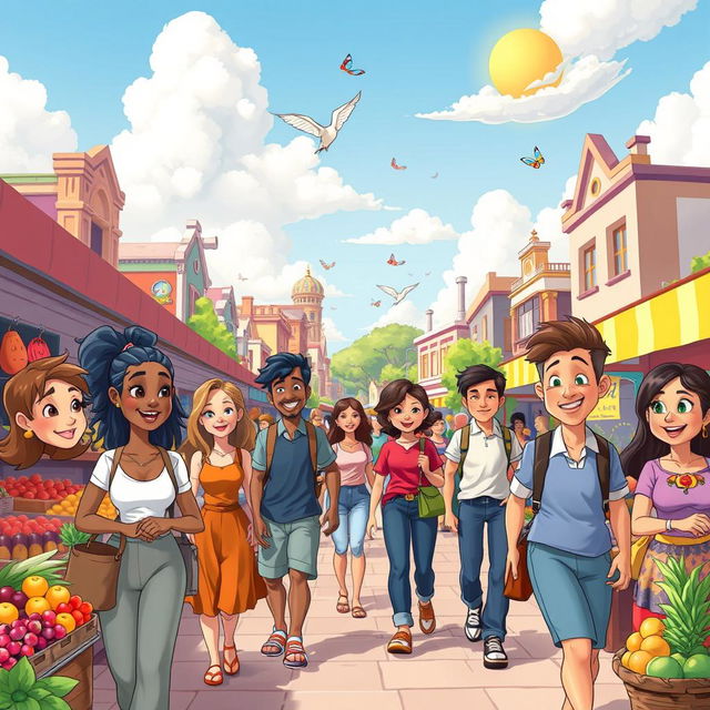 A vibrant and colorful cartoon animation, depicting a lively city scene with animated characters walking through a bustling marketplace