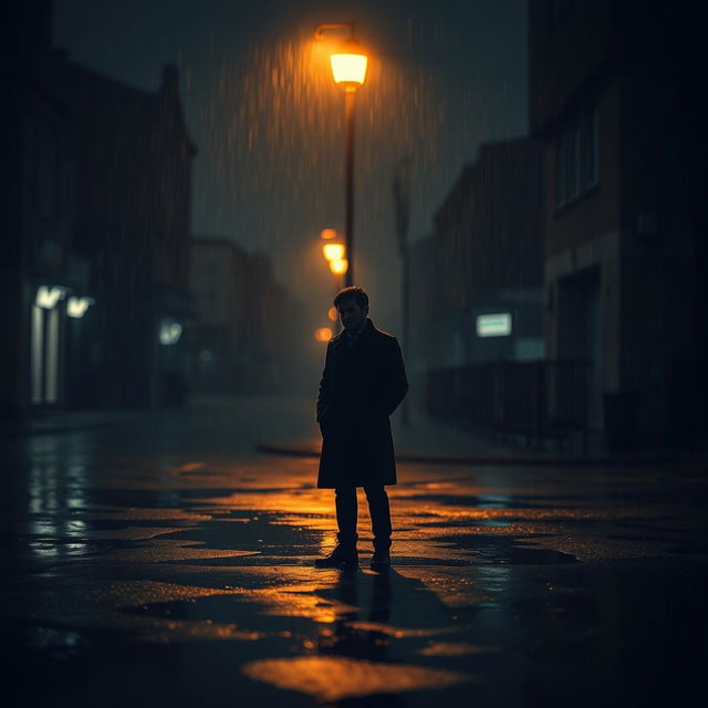 A somber, atmospheric photograph capturing a solitary figure standing in the rain under a dimly lit streetlamp