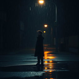 A somber, atmospheric photograph capturing a solitary figure standing in the rain under a dimly lit streetlamp